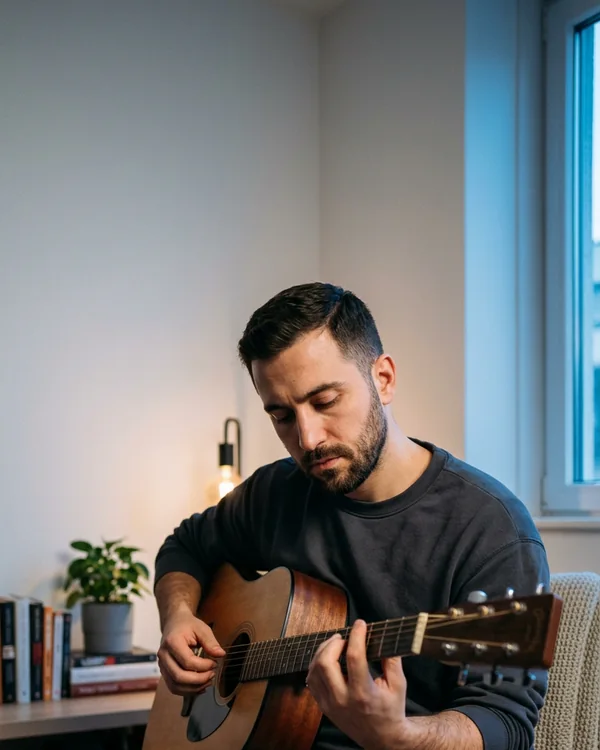 Ein Mann in seinem Zimmer, der Gitarre spielt.